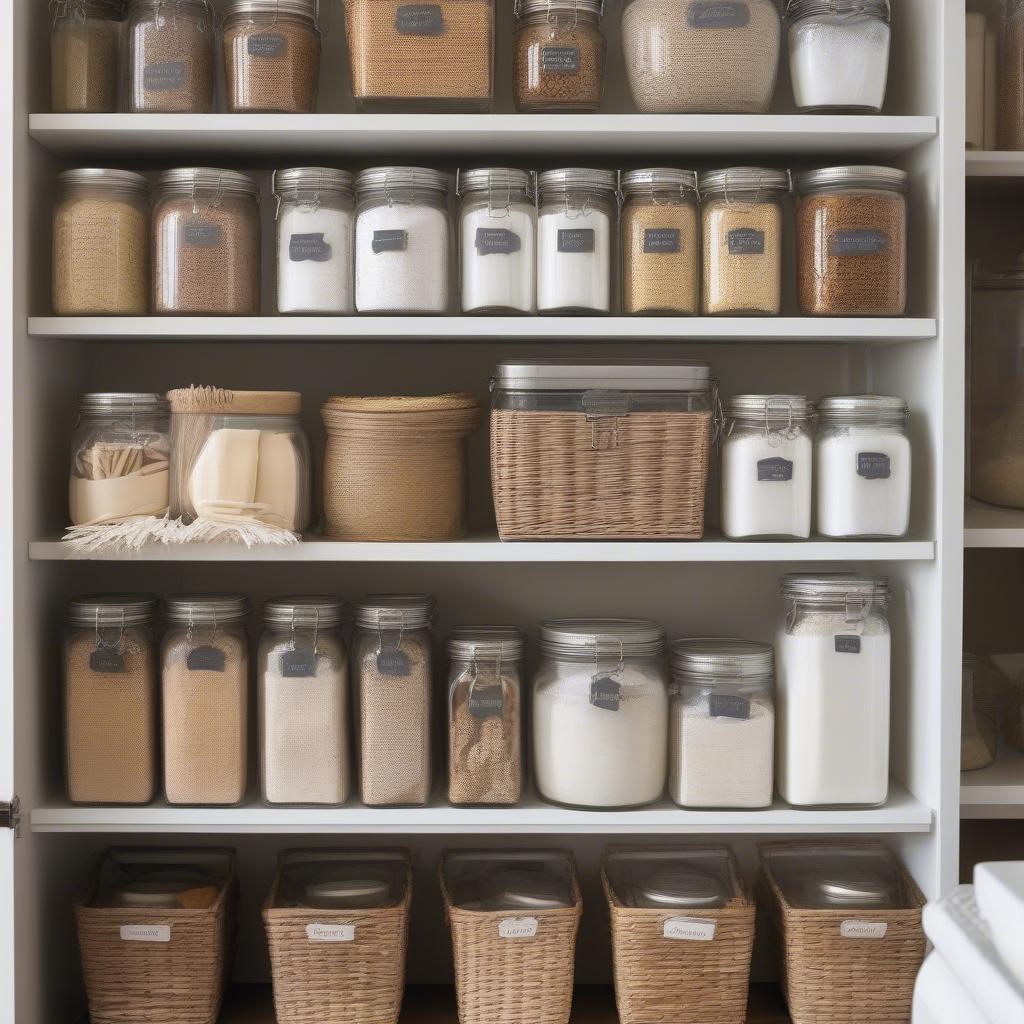 Wicker storage unit used for pantry organization in a kitchen, showcasing labeled jars and baskets.