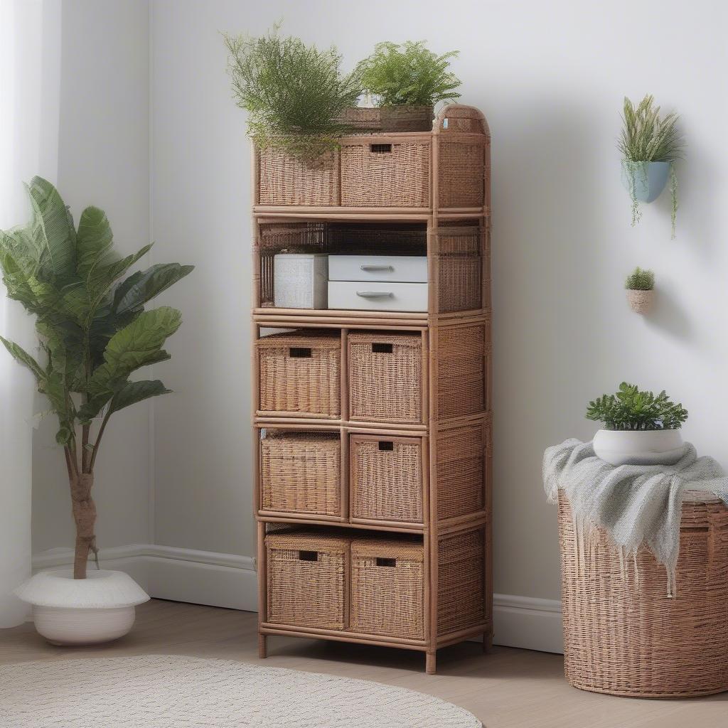 A wicker storage unit used to hold plants and books