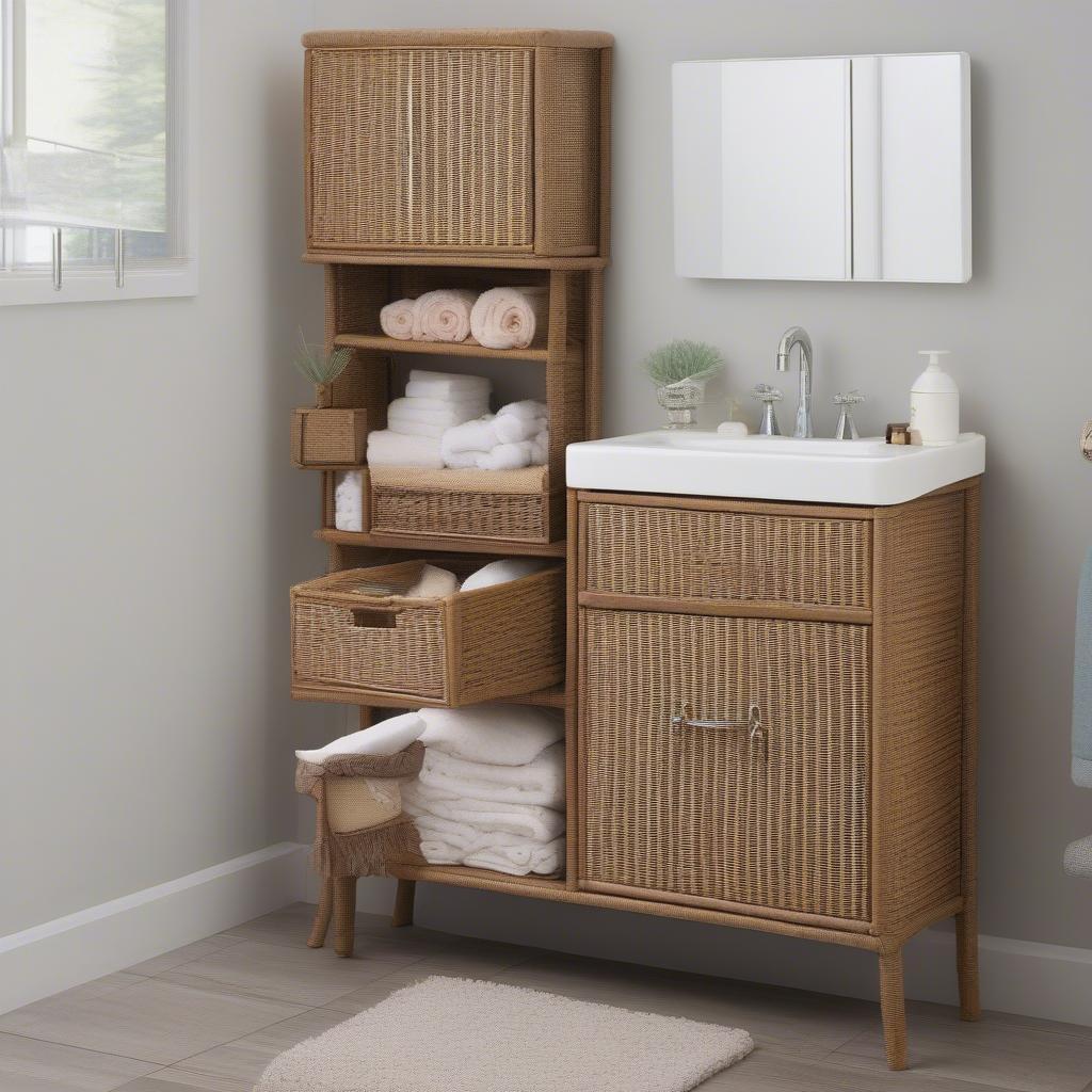 Wicker Storage Unit in a Small Bathroom