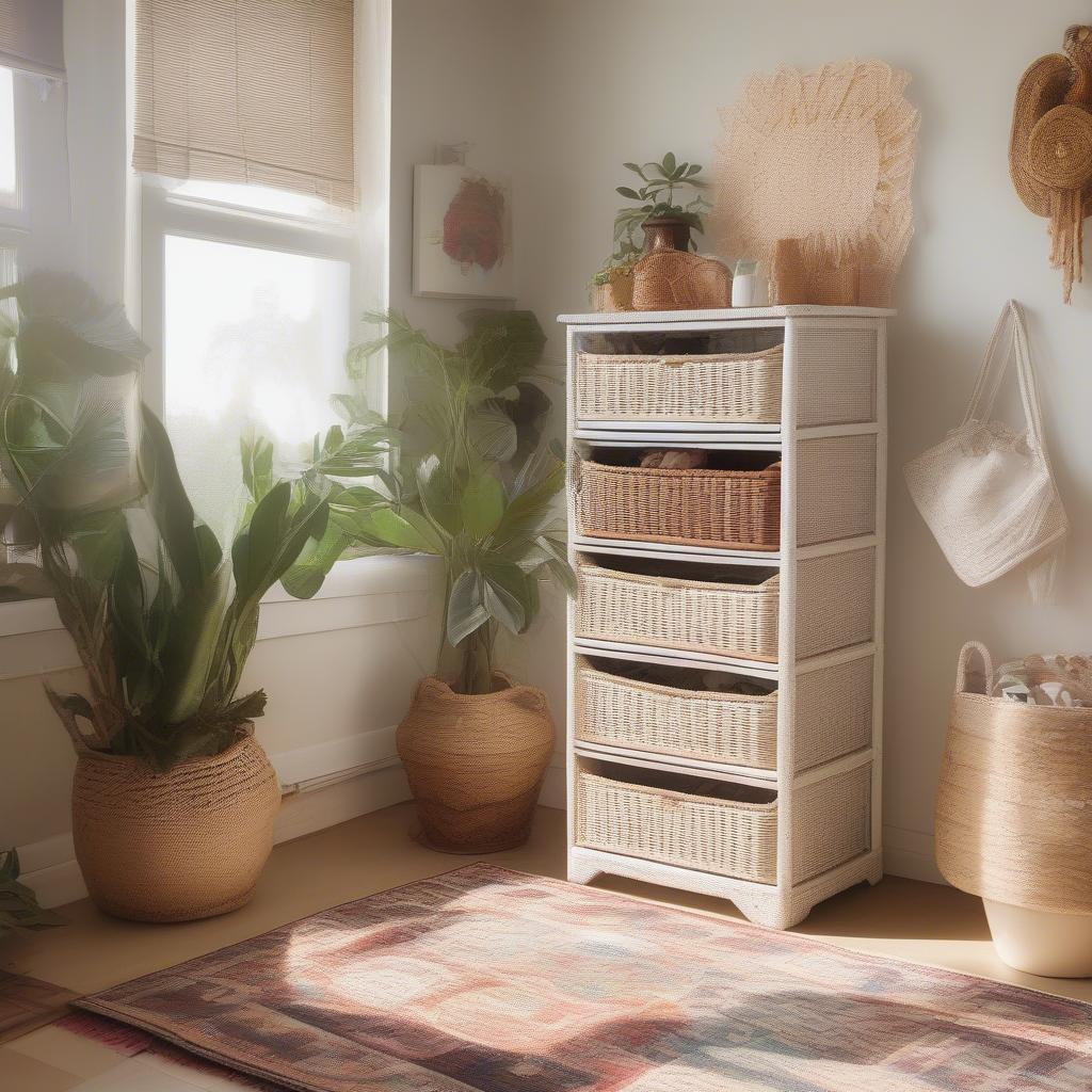 Wicker storage unit with drawers in a bohemian-style living room