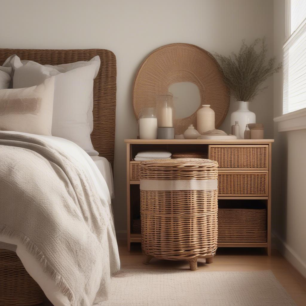 Wicker storage units in a bedroom setting, showcasing their use for storing clothes, blankets, and other personal items.