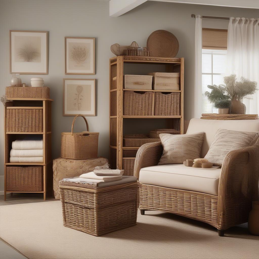 Wicker storage units in a living room setting, showcasing various sizes and styles.