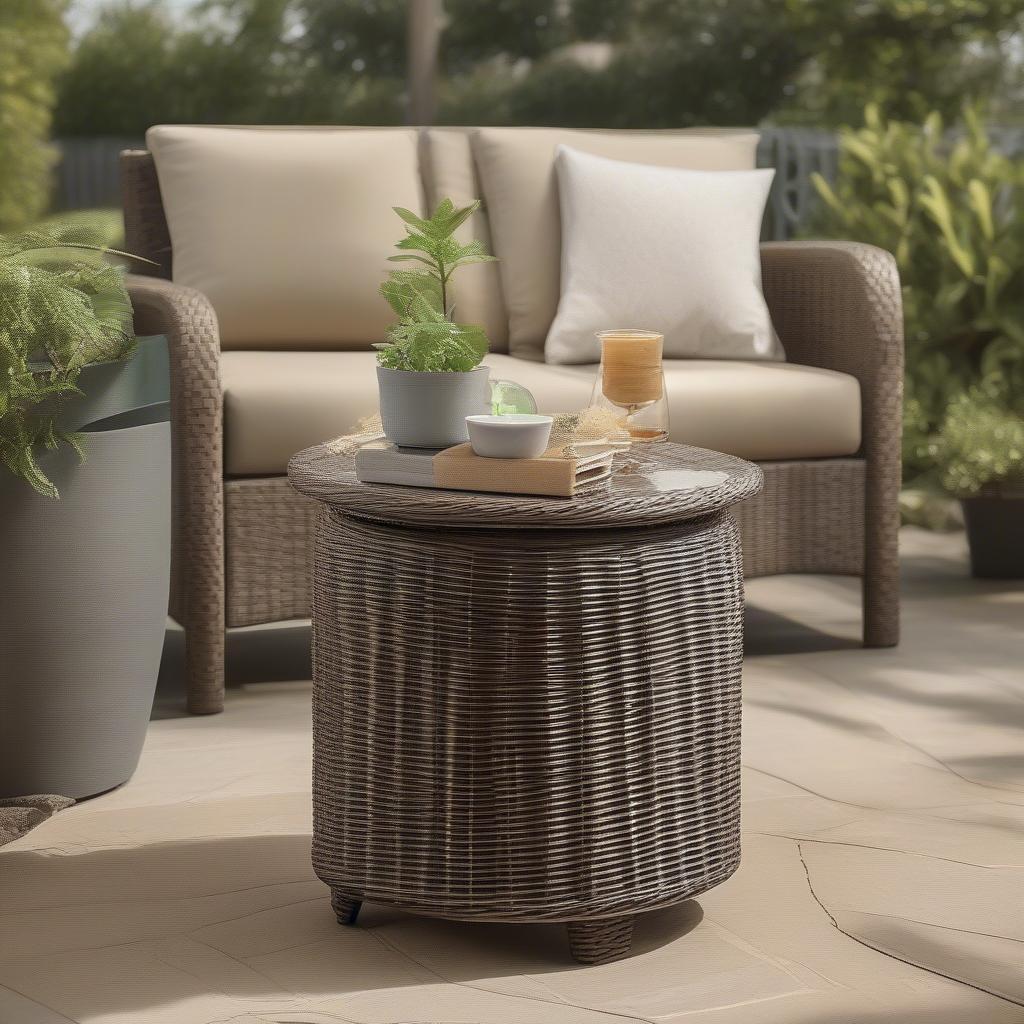 Wicker table on a patio, showcasing its durability and outdoor suitability.