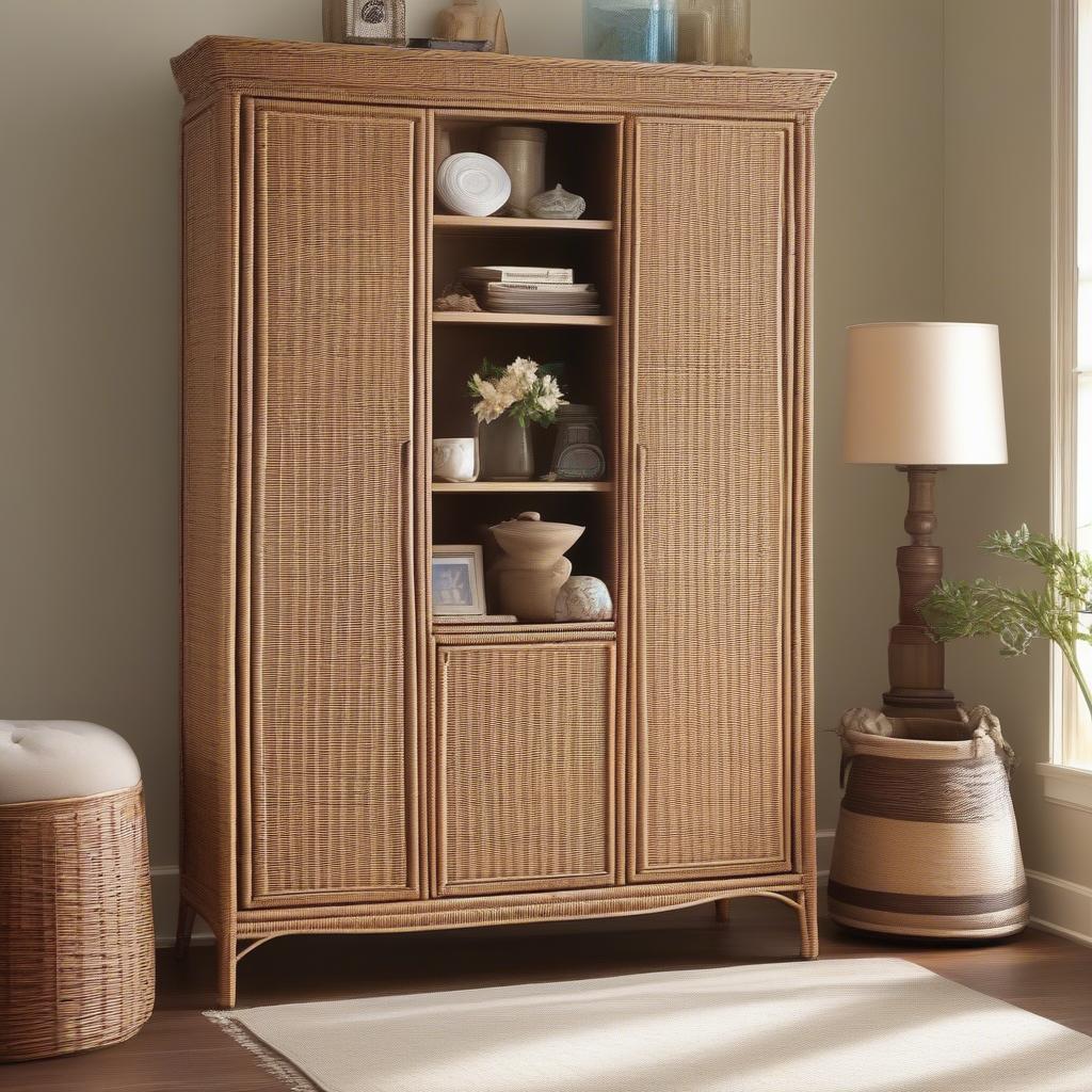 Wicker Tall Cabinet with Doors in a Living Room