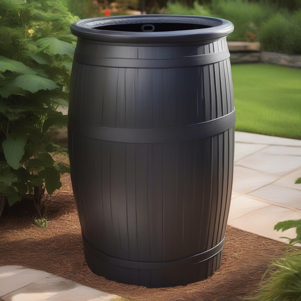 50 Gallon Wicker Texture Rain Barrel in a Garden Setting