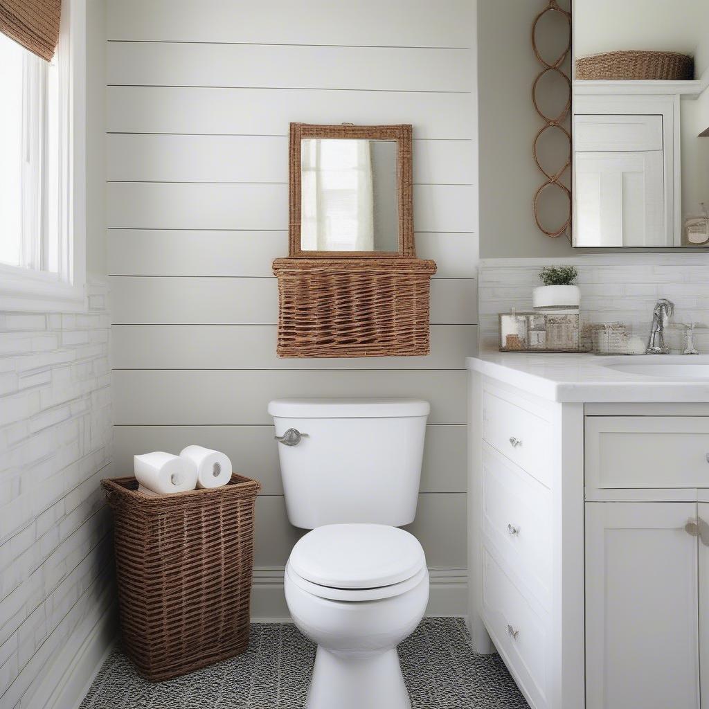 A wicker toilet paper storage basket in a stylish bathroom setting.