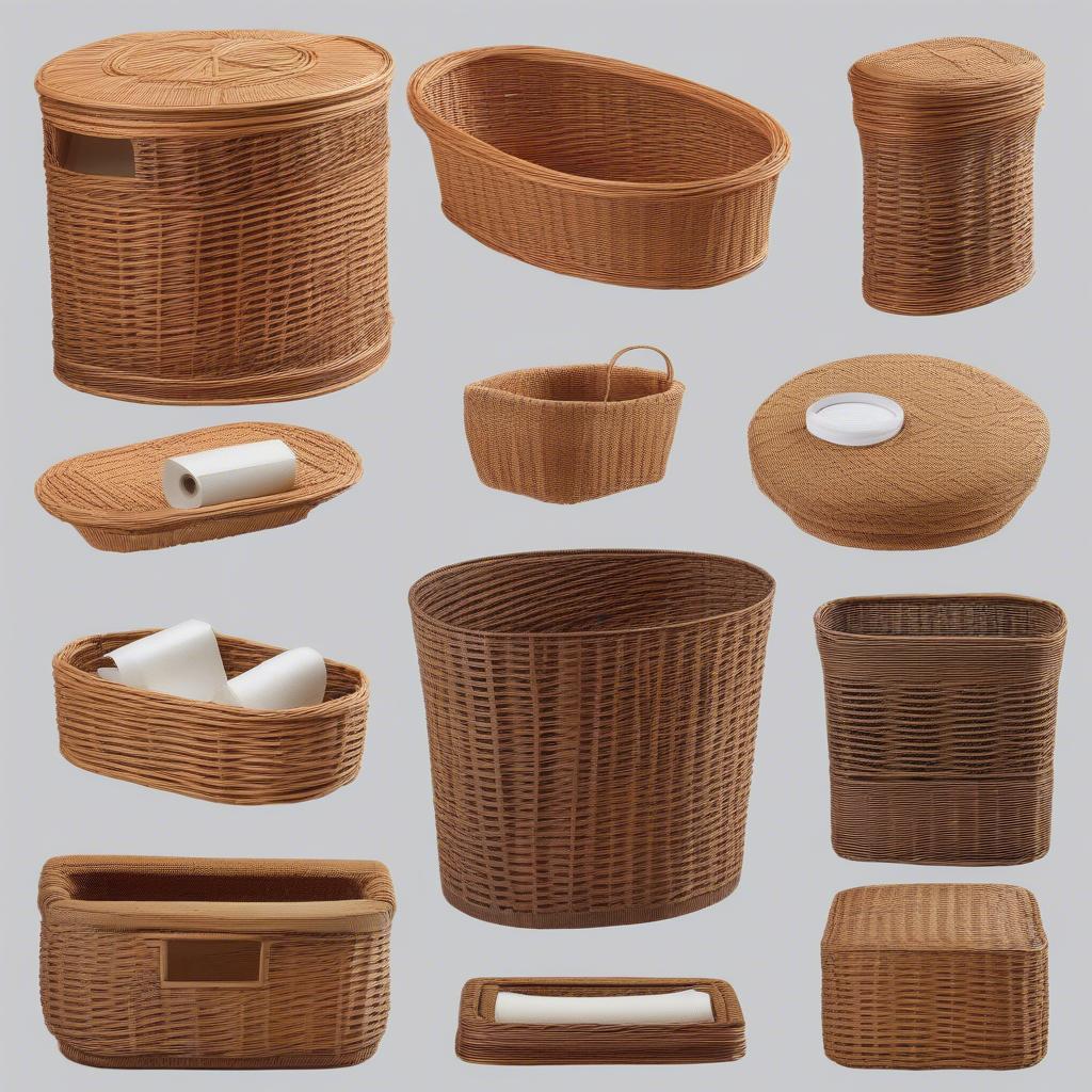 Different styles of wicker toilet paper baskets for bathroom organization.