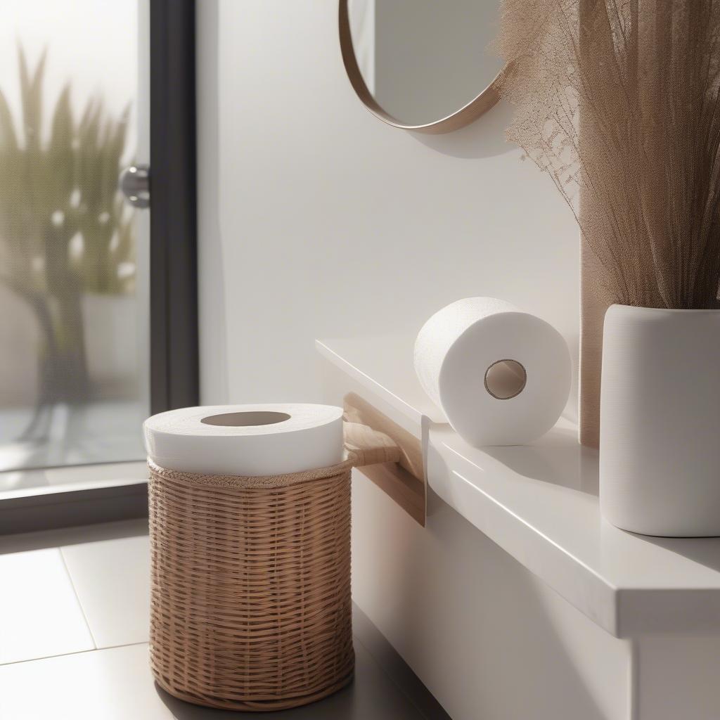 Wicker toilet paper holder in a modern bathroom setting