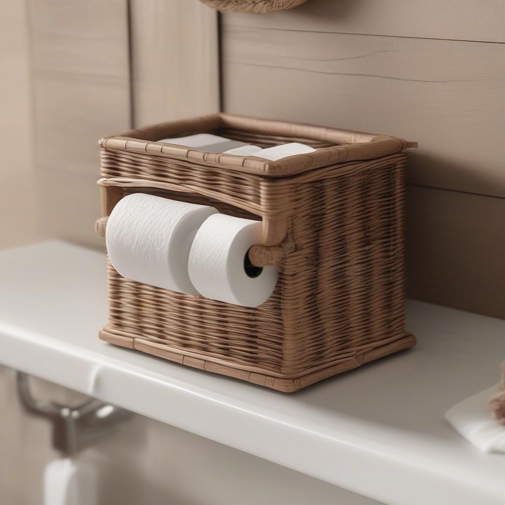 Wicker toilet paper holder in a rustic bathroom setting