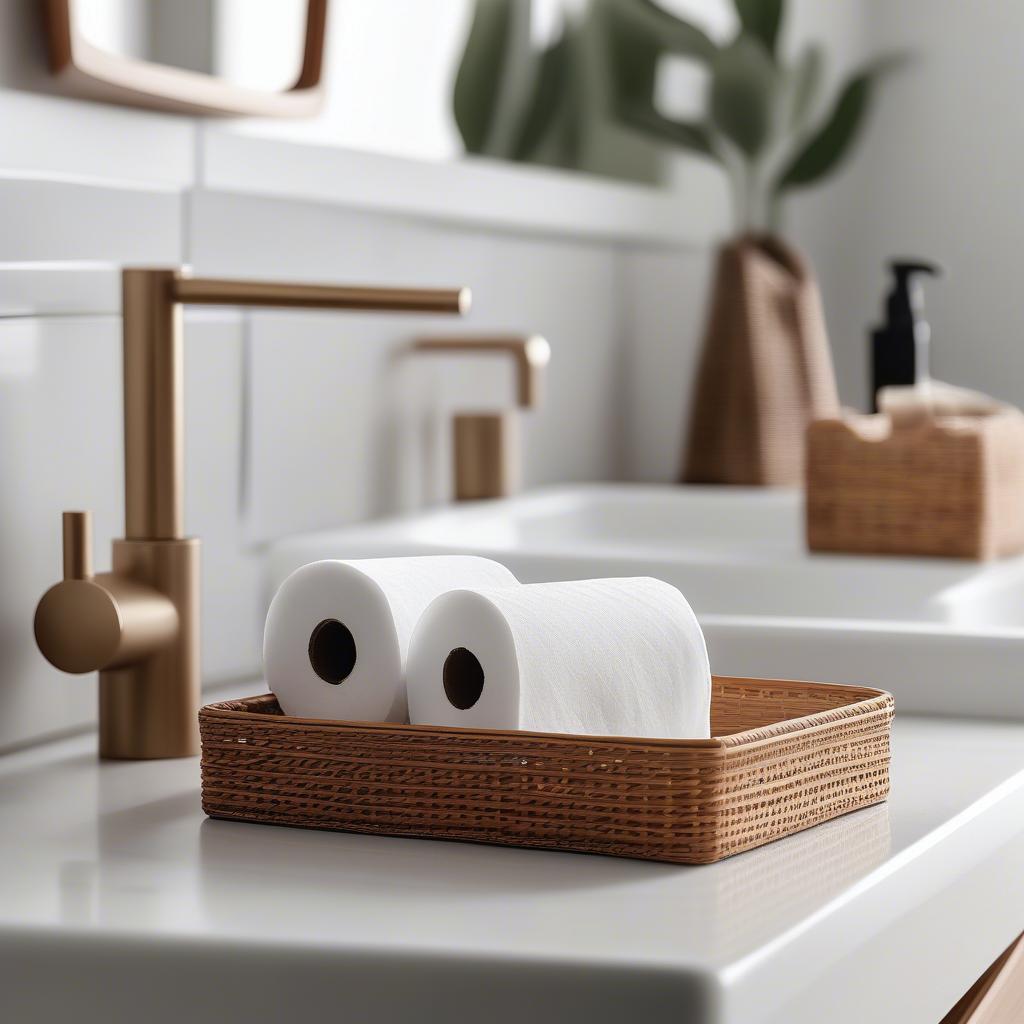 Wicker toilet paper holder in a modern bathroom setting, adding a touch of natural elegance to the space.