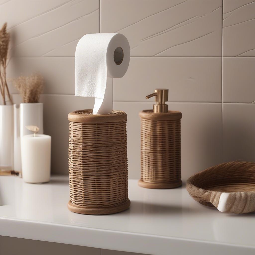 Wicker Toilet Paper Holder in a Bathroom Setting