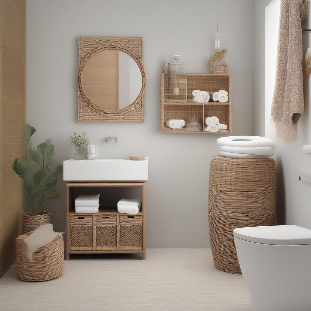 A wicker toilet paper holder with storage in a bathroom setting.