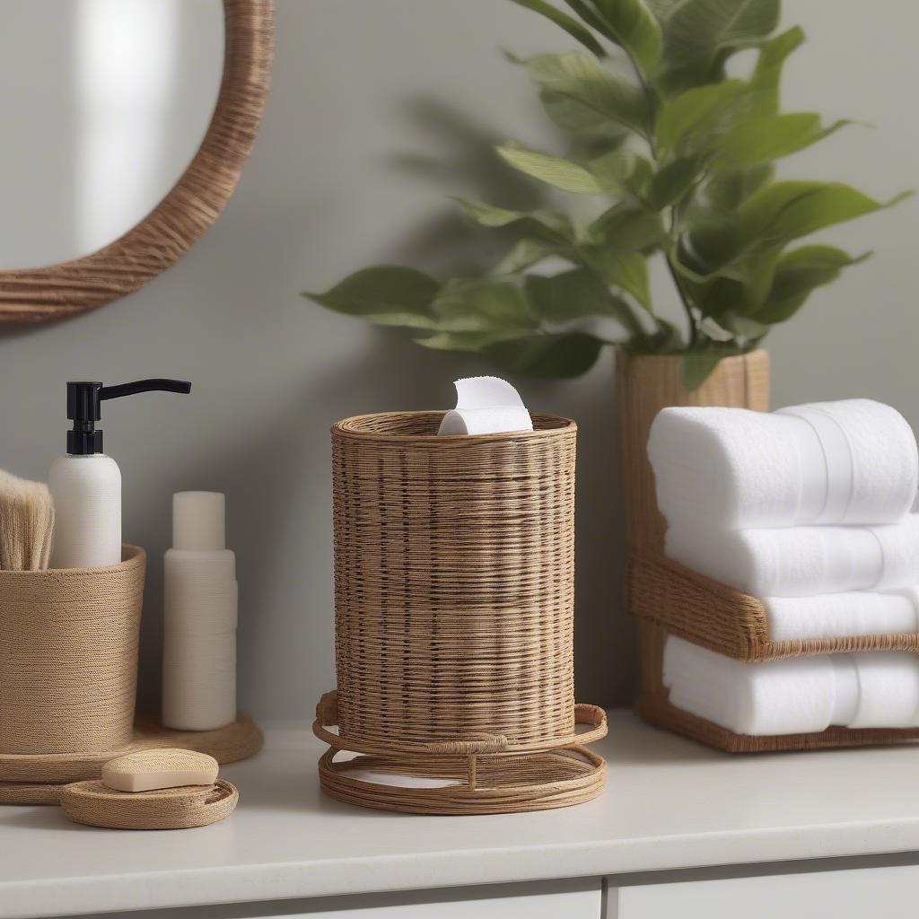 Wicker Toilet Paper Holder in a Bathroom Setting