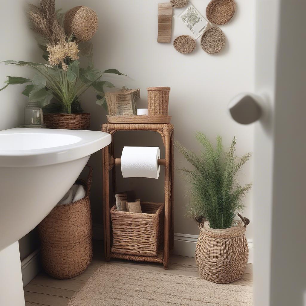 Wicker Toilet Paper Holder with Magazine Rack in a Bathroom Setting