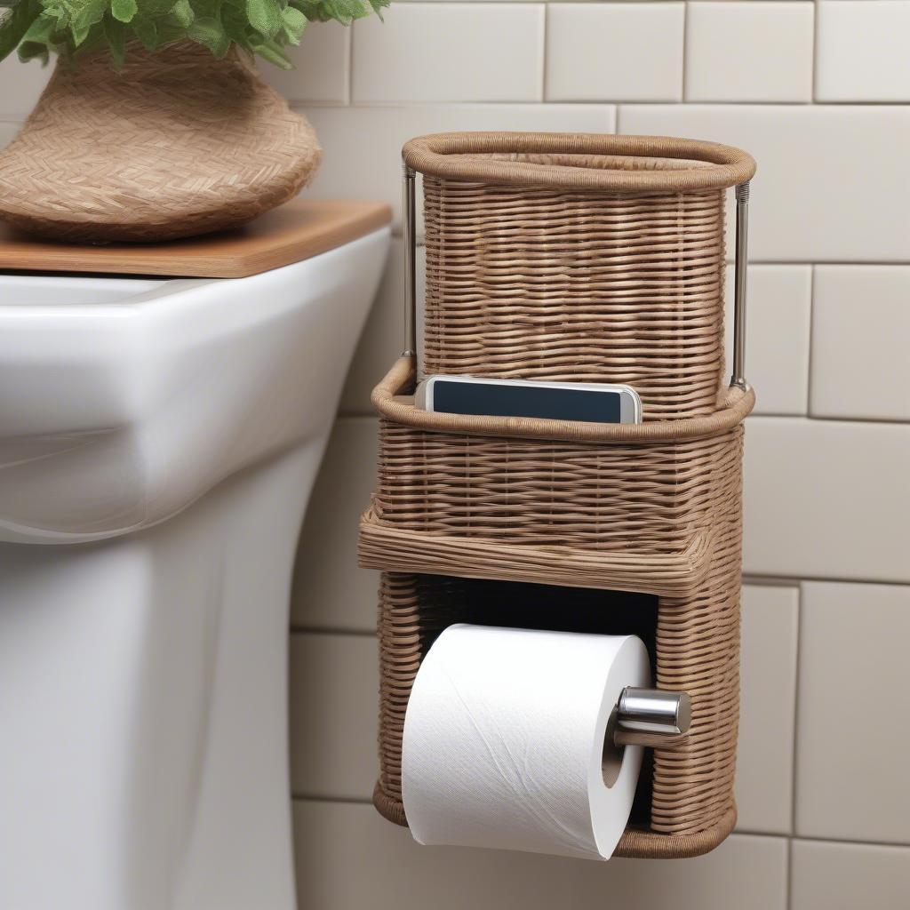 Wicker Toilet Paper Holder with Magazine Rack and Brushed Nickel Finish