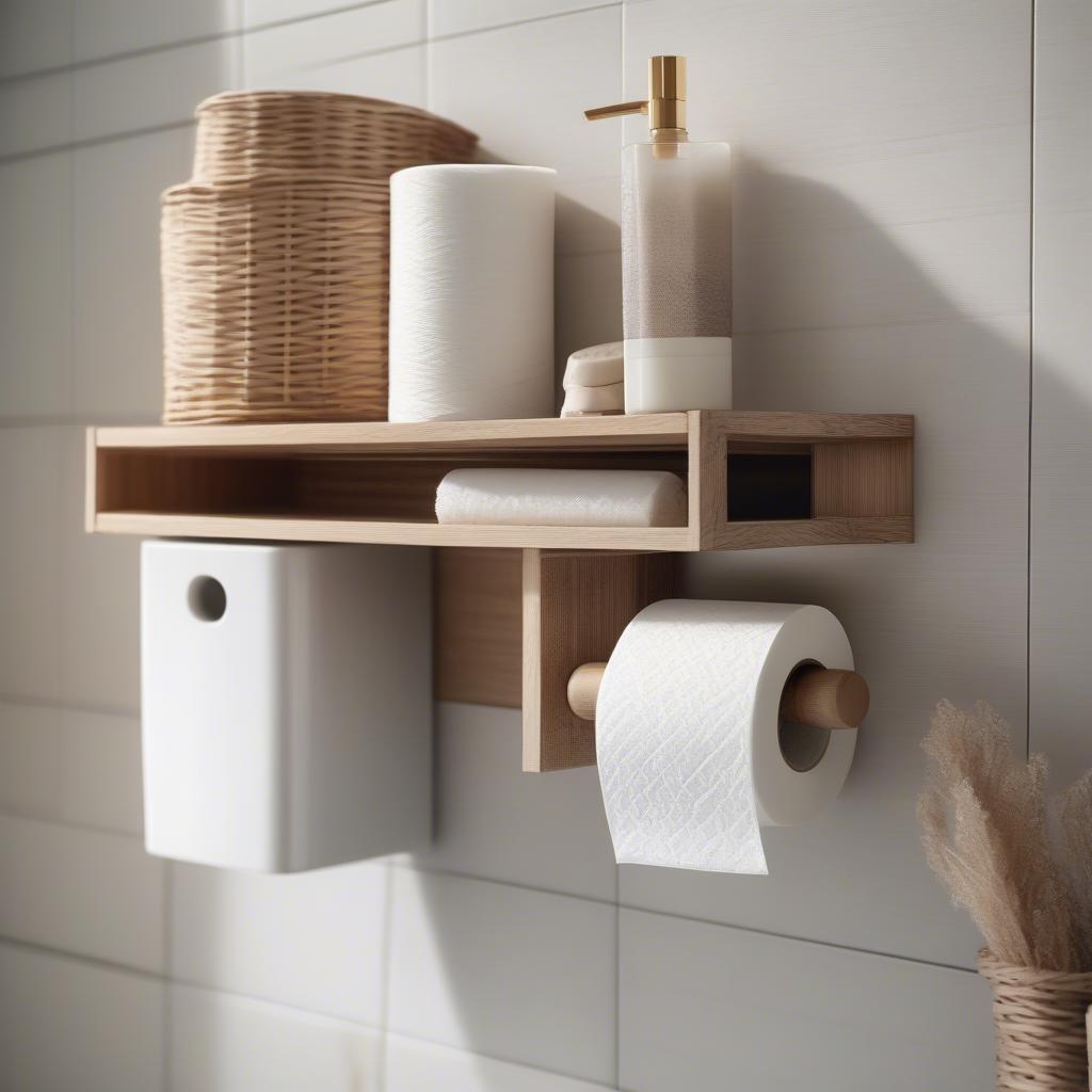 Wicker toilet paper holder storage in a modern bathroom setting, showcasing its functionality and aesthetic appeal.