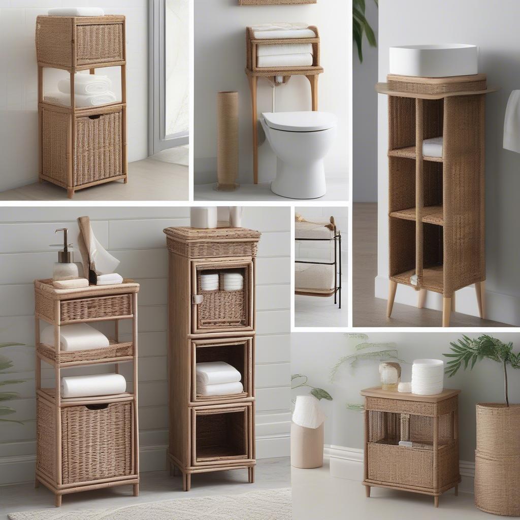 Different styles of wicker toilet paper holder storage options, including freestanding, wall-mounted, and with shelves.