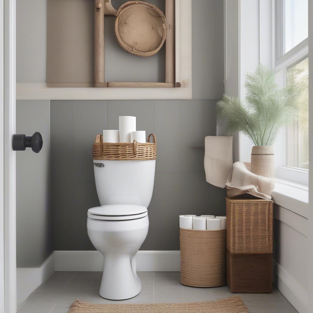 Wicker toilet paper roll holder basket in a modern bathroom.