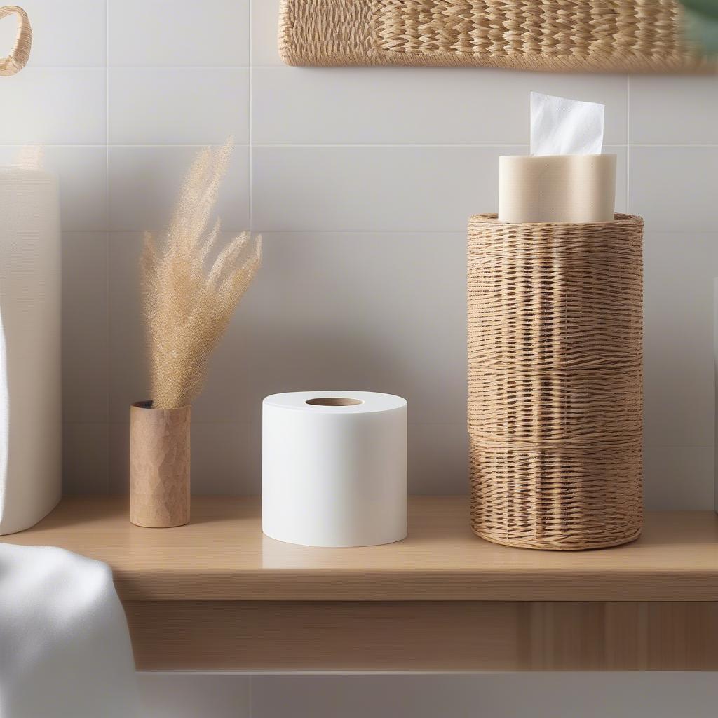 Wicker toilet paper and tissue holder in a modern bathroom setting