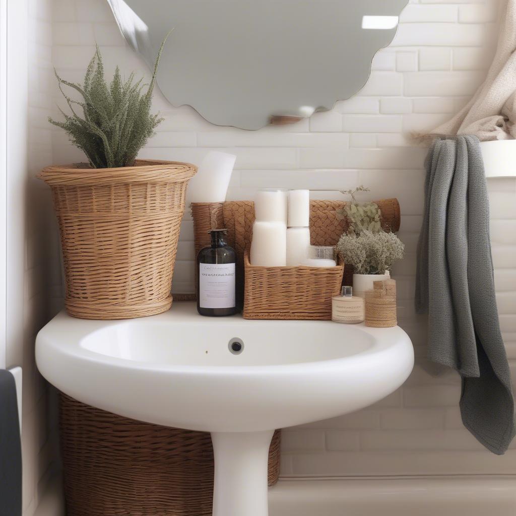 Styling ideas for a wicker toilet roll storage basket in a bathroom setting, including adding decorative elements like plants or towels.