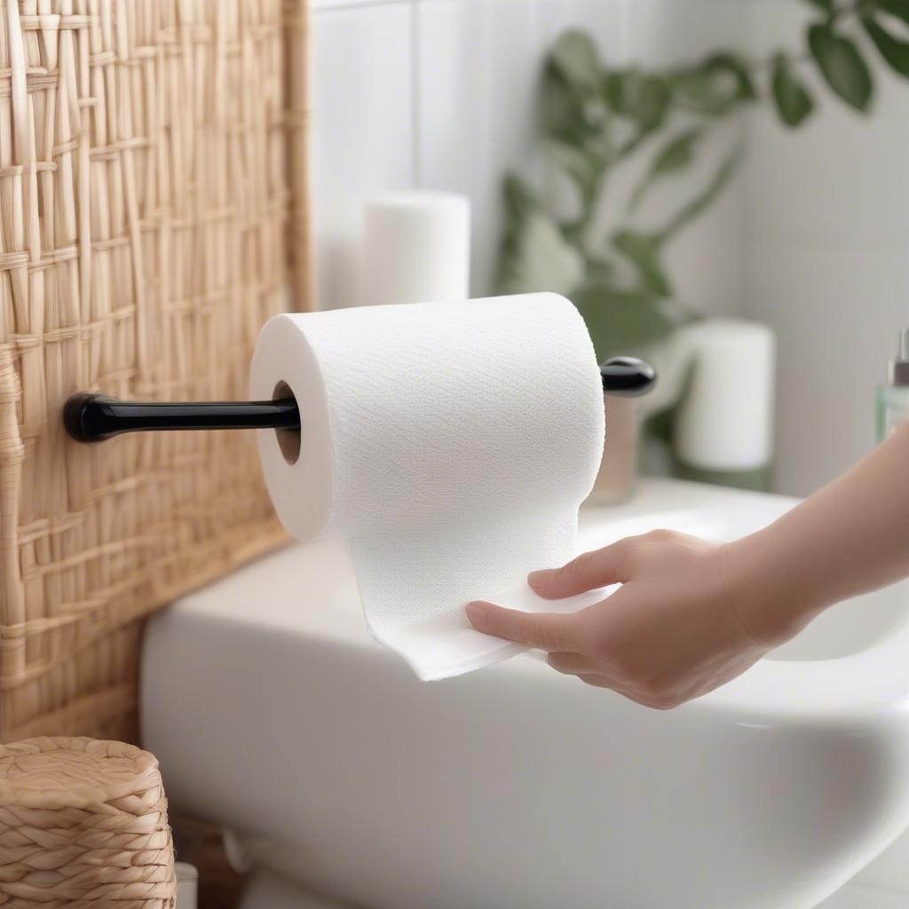 Cleaning a wicker toilet roll holder with a damp cloth to maintain its beauty and durability.