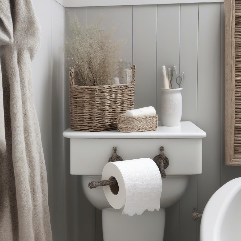 White Wicker Toilet Roll Holder in a Bathroom Setting