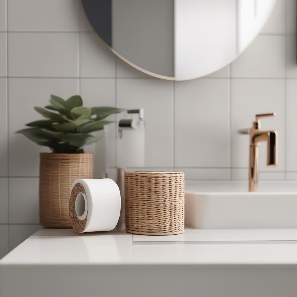 Wicker toilet roll holder with lid in a modern bathroom setting