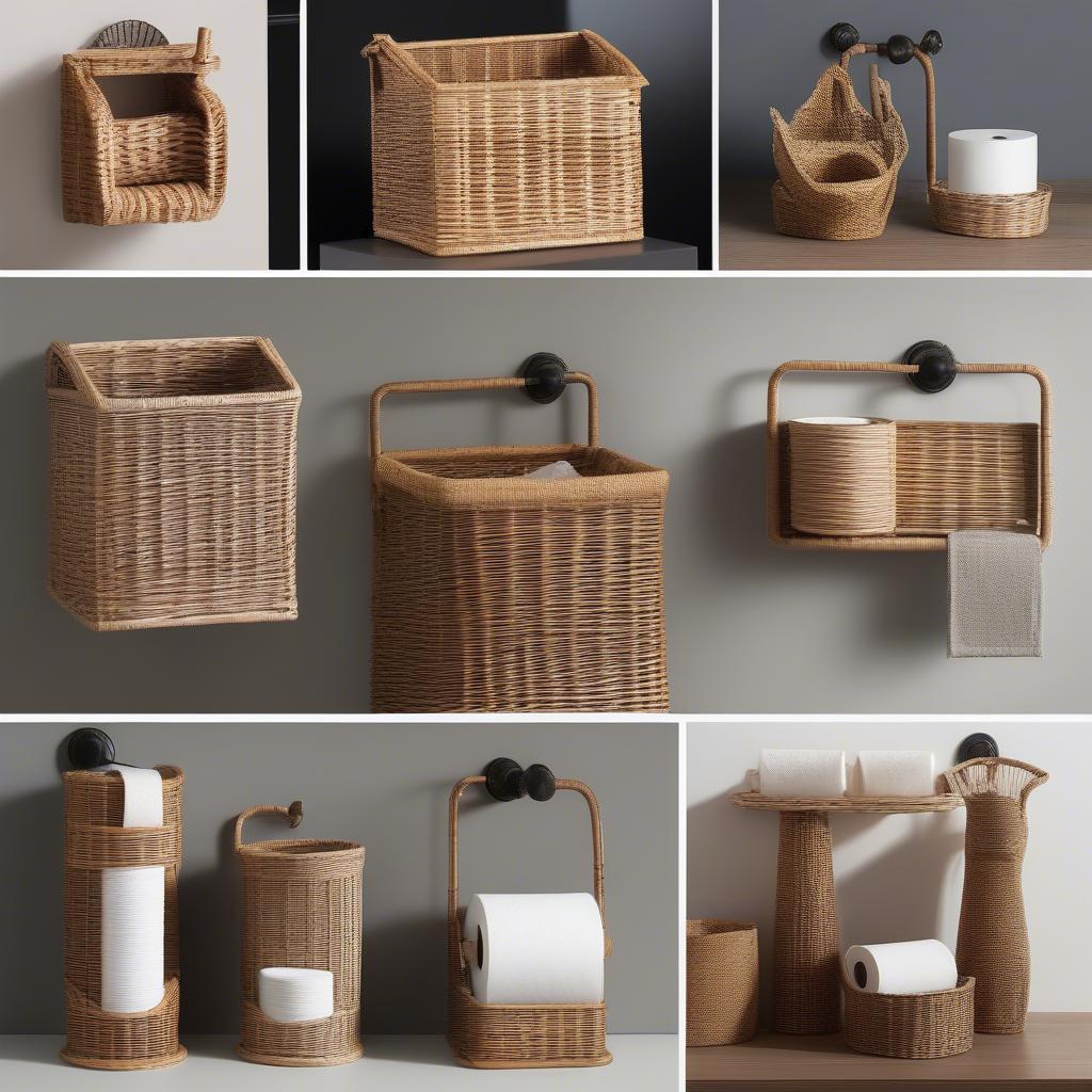 Variety of wicker toilet roll holders in different styles and colors.