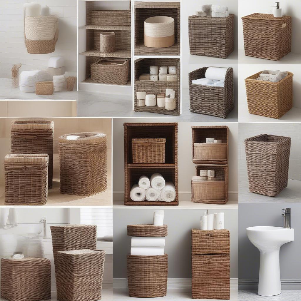 Wicker toilet roll storage basket ideas for bathroom organization and decoration, showcasing different styles and sizes.