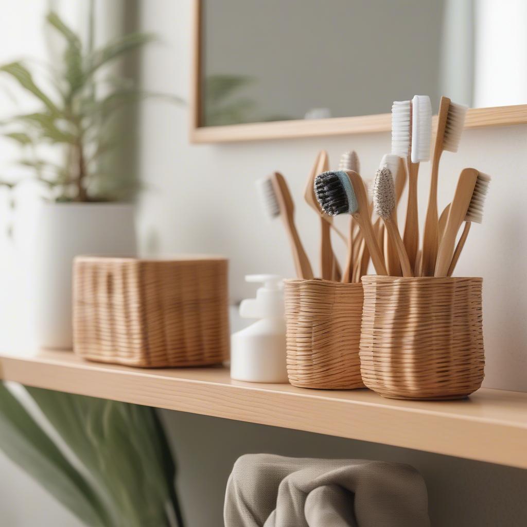 Wicker toothbrush holder neatly organizing toothbrushes in a stylish bathroom setting