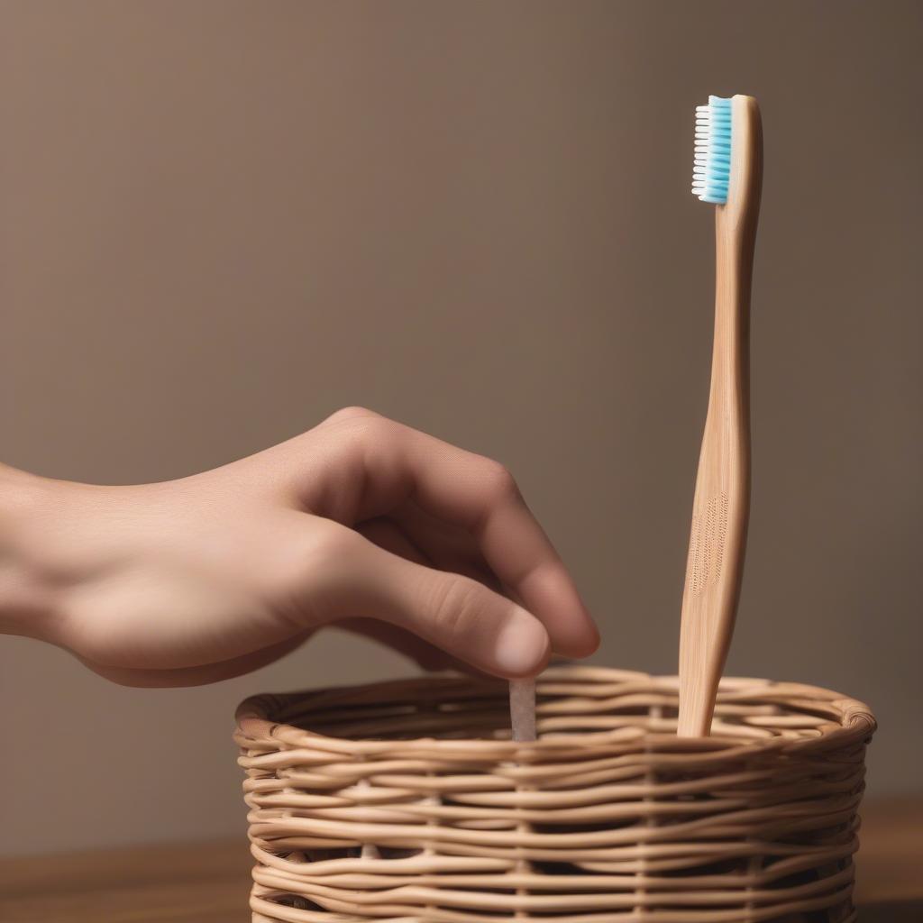 Eco-friendly wicker toothbrush holder as a sustainable bathroom accessory.