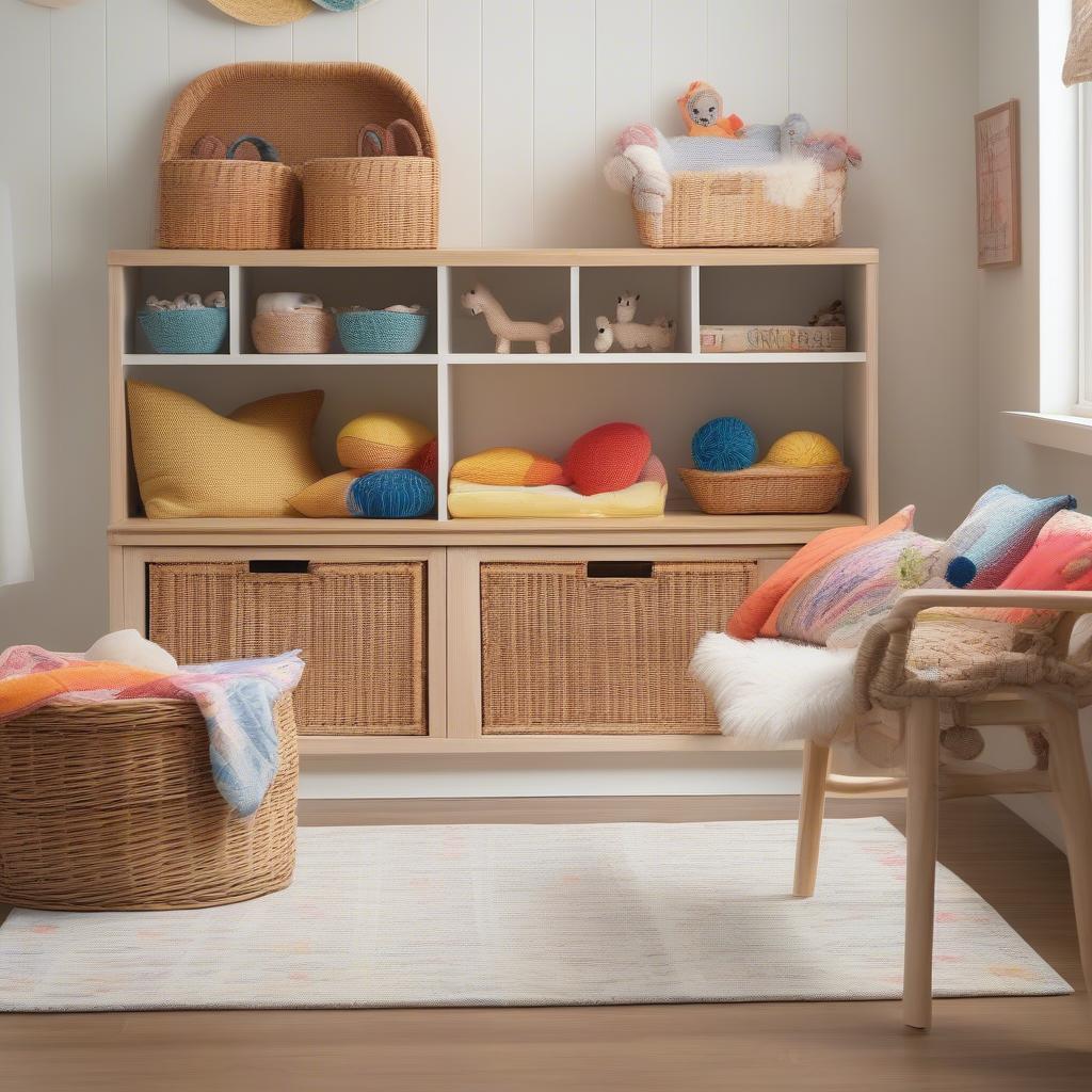 Wicker top kids storage bench in a bright, organized playroom with toys neatly stored inside