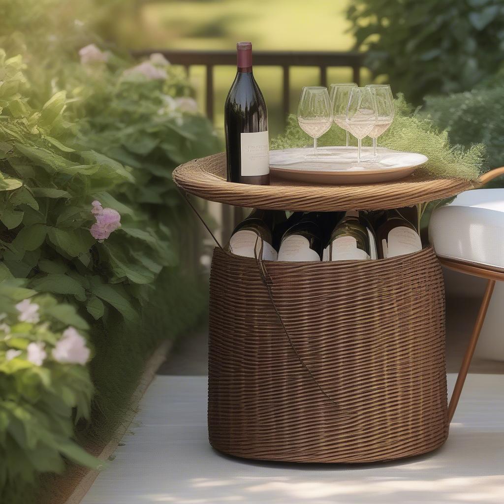 Wicker top metal table placed in a tranquil garden setting, perfect for enjoying a glass of wine.