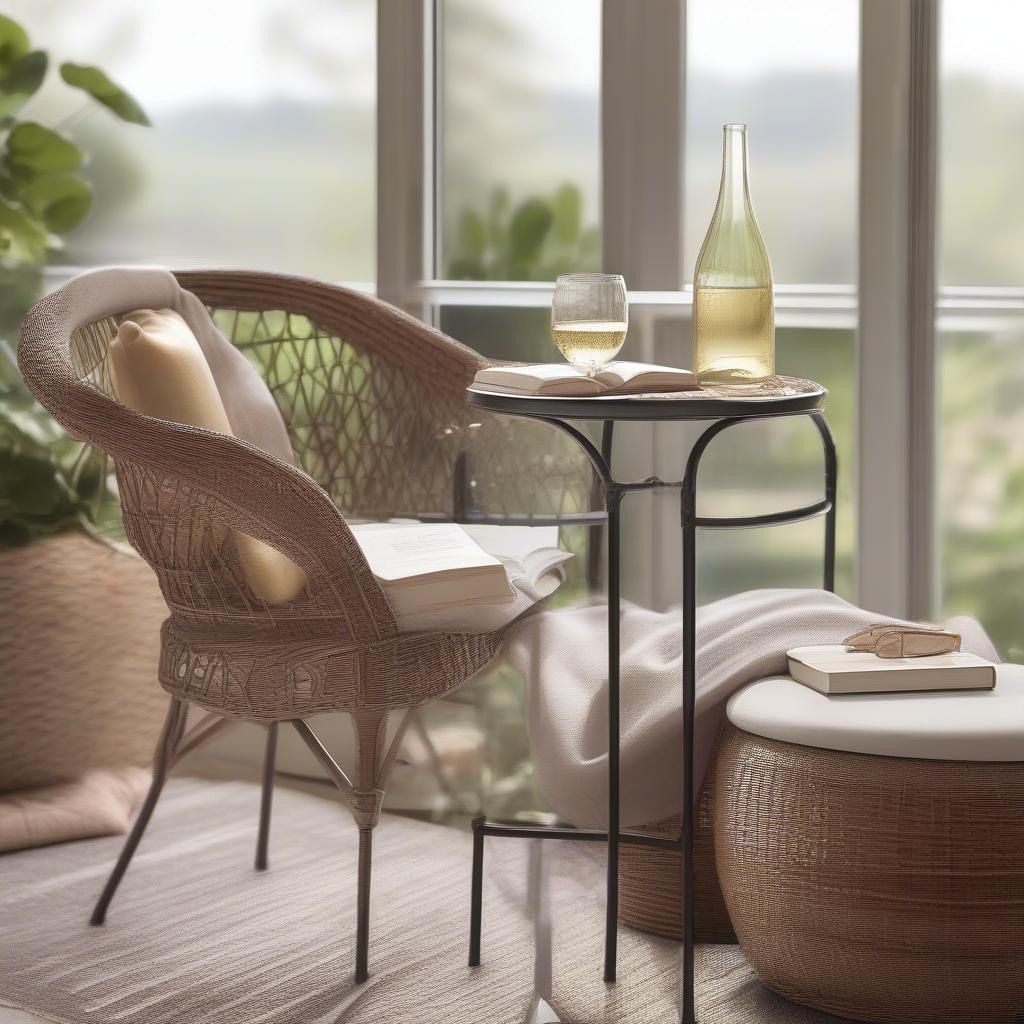 Wicker top wine holder metal table used indoors in a sunroom, adding a touch of rustic charm.