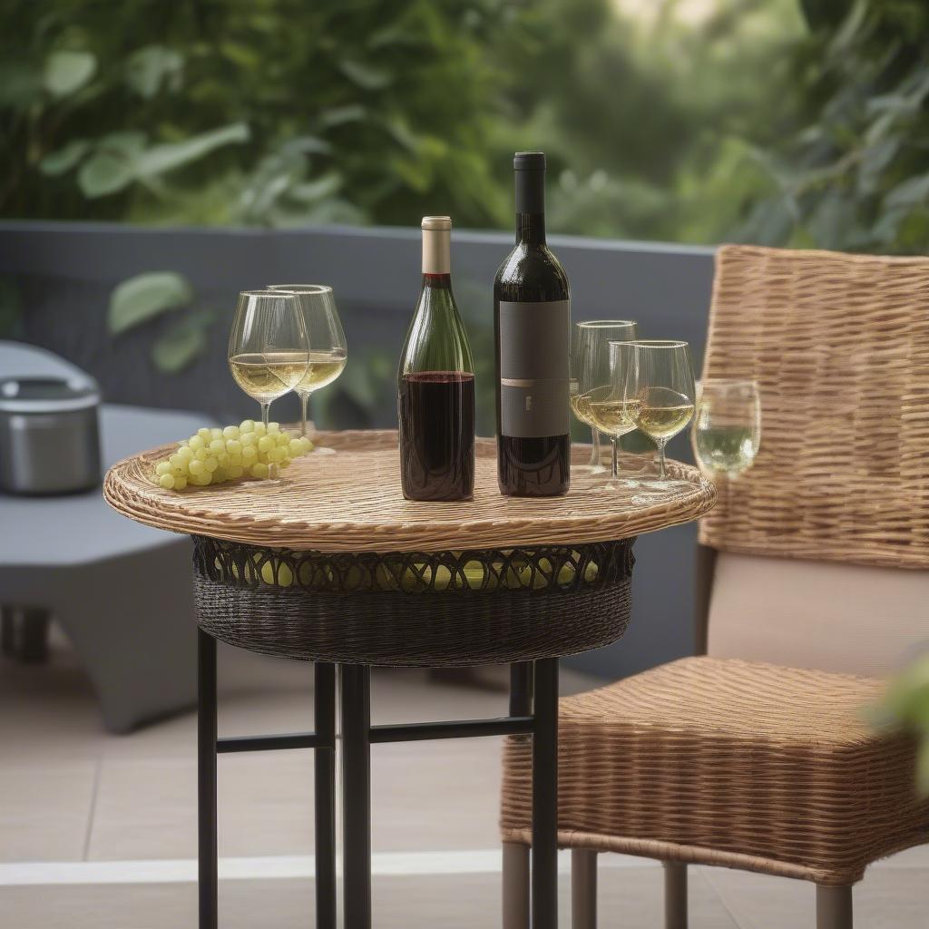 Wicker top wine holder metal table in an outdoor patio setting, showcasing its rustic charm and practicality for entertaining.