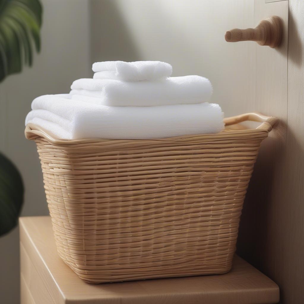 A wicker towel basket sits on a bathroom shelf, providing easy access to fresh towels.