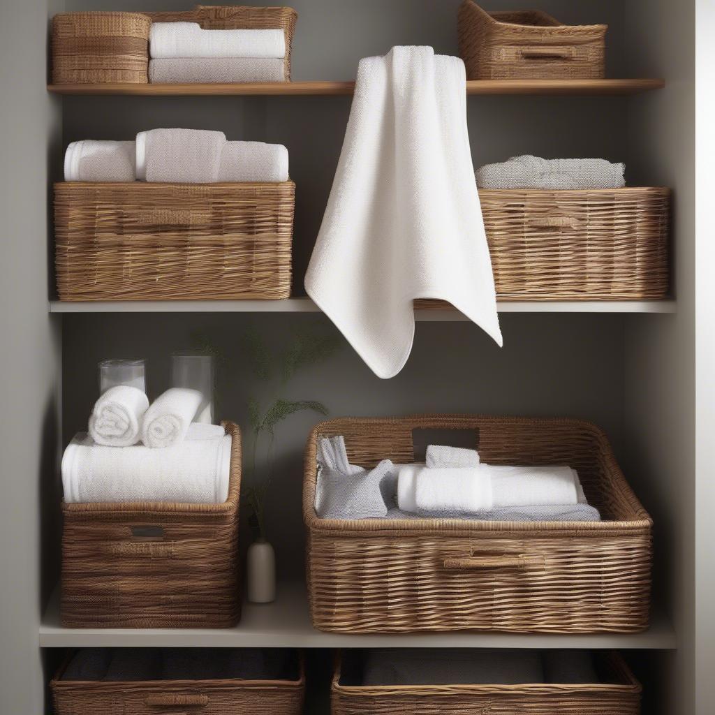 Various wicker towel storage baskets in different shapes and sizes