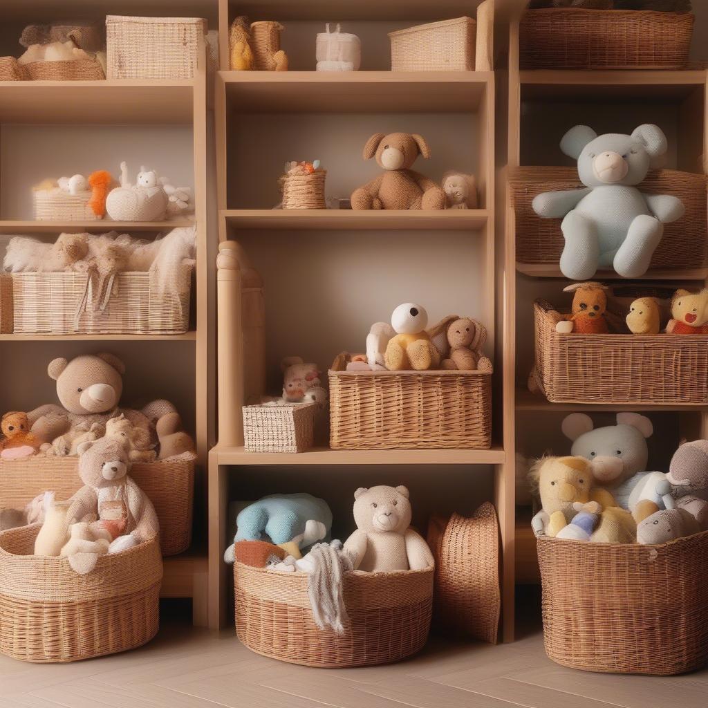 Wicker toy baskets in a nursery setting, providing stylish and organized storage for children's toys.