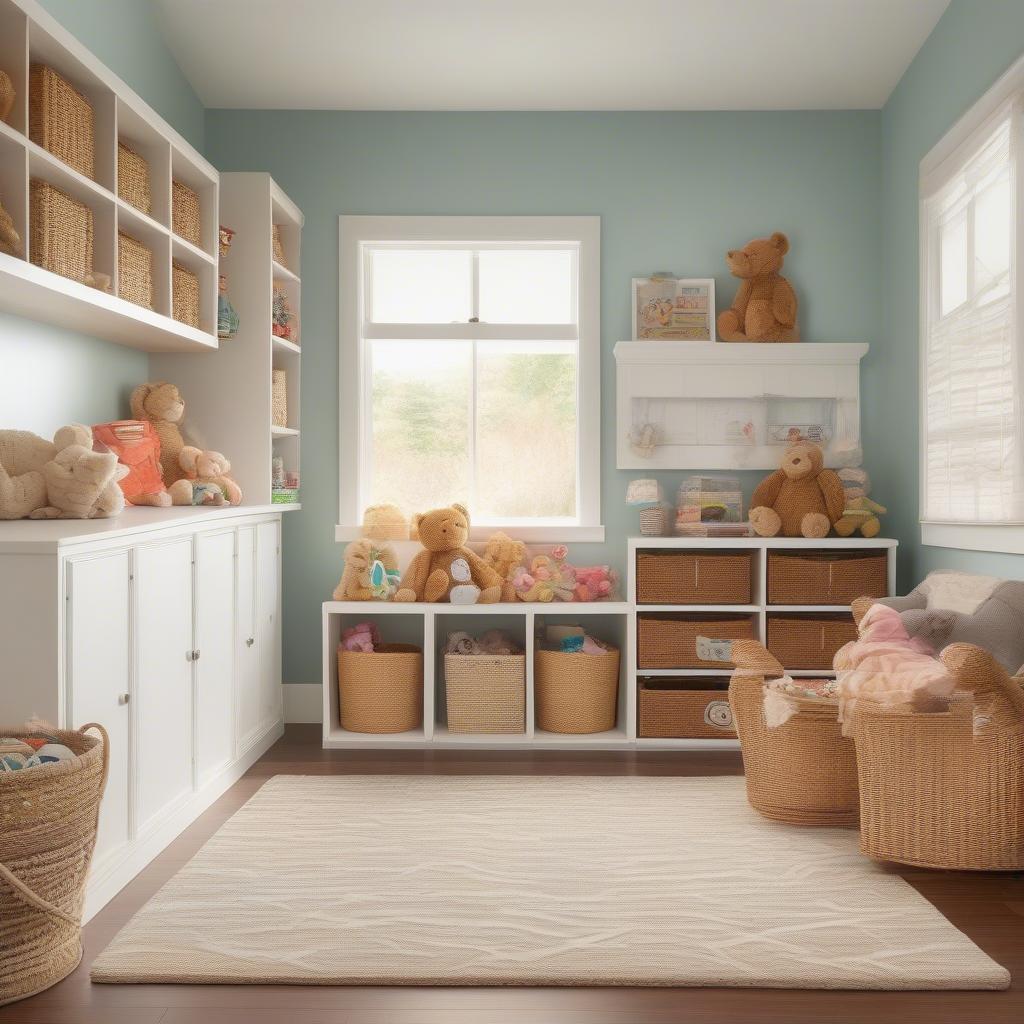 Wicker toy cubby storage unit in a brightly colored playroom, filled with toys and plushies, demonstrating its organizational capabilities.