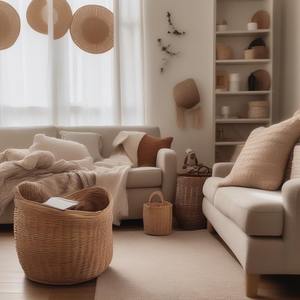 Wicker toy storage baskets in a living room