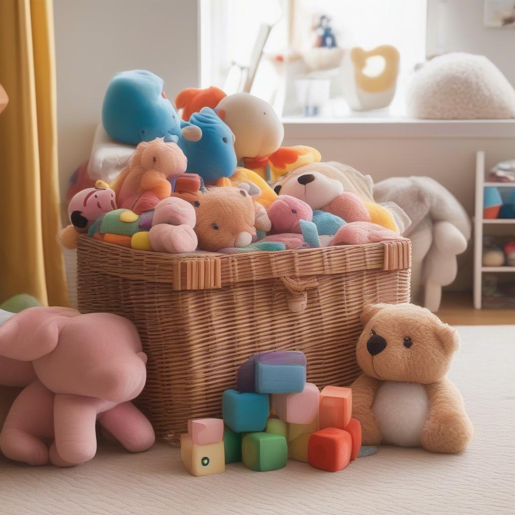 Wicker toy storage basket in a playroom