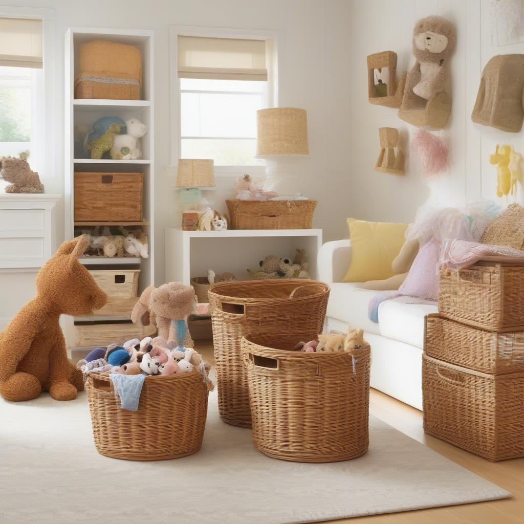 Wicker toy storage boxes in a colorful playroom, filled with toys and neatly organized.