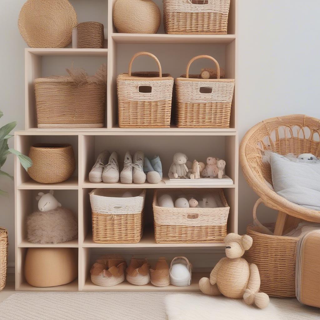 Examples of wicker toy storage integrated into various room designs