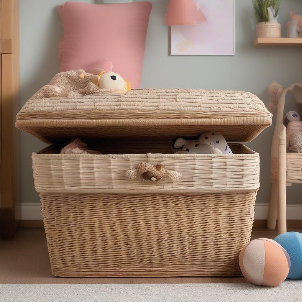 A child's room with a large wicker toy storage box with a lid.