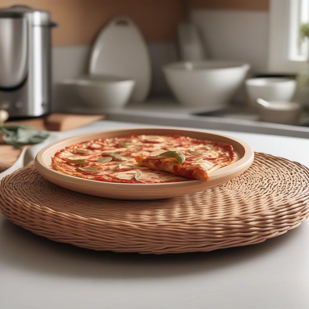 Wicker Tray Holding a Pampered Chef Pizza Stone