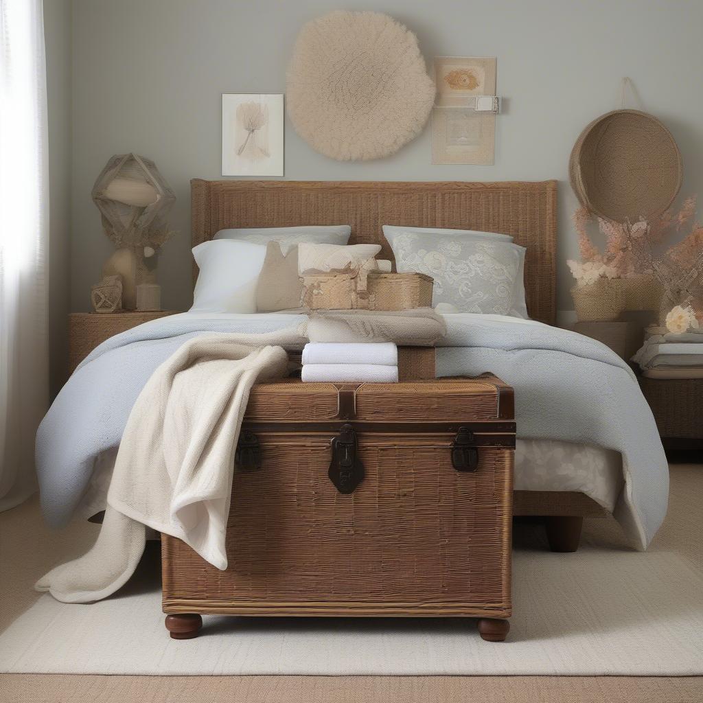 Wicker trunk used as decor in a bedroom