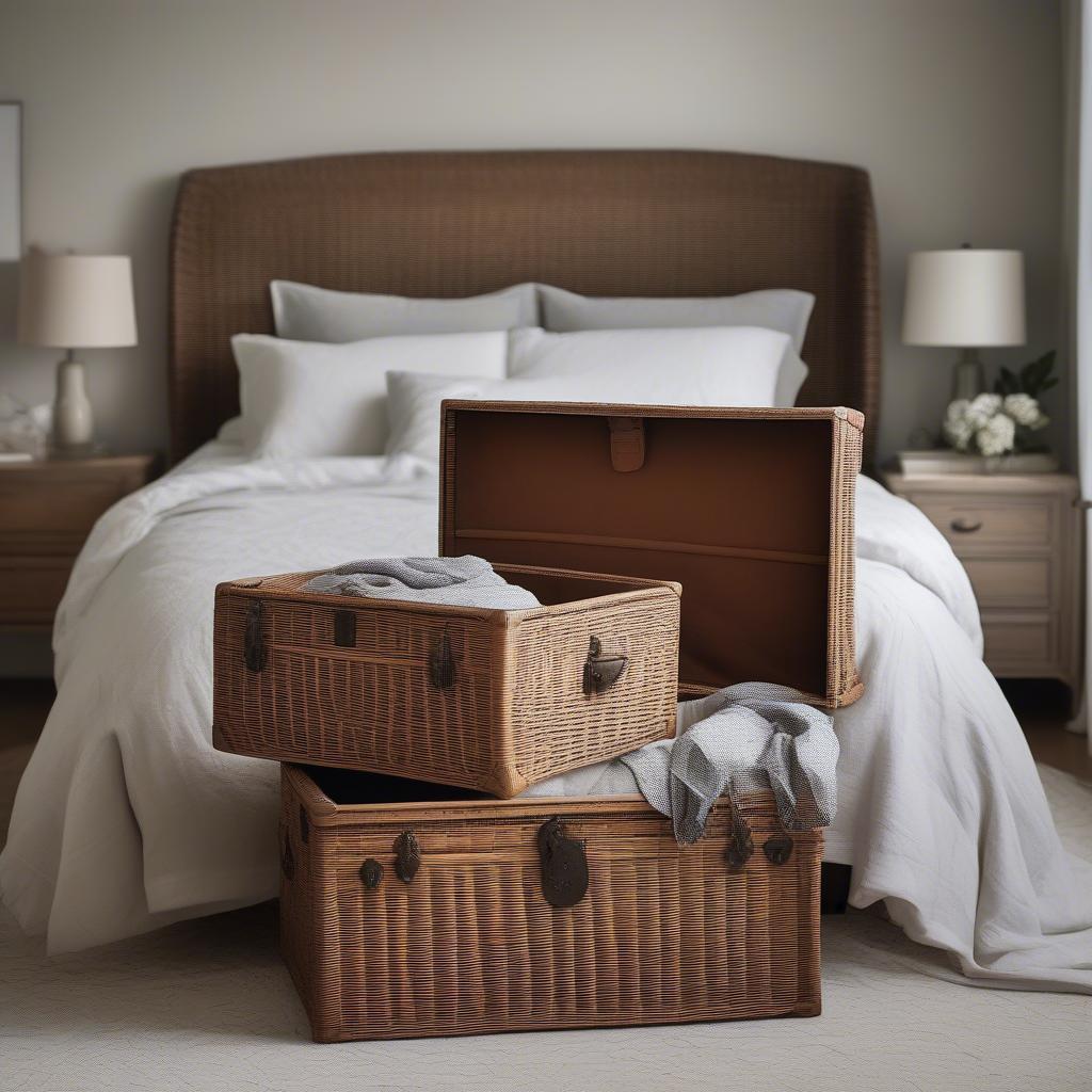 Wicker storage trunk chest in a bedroom