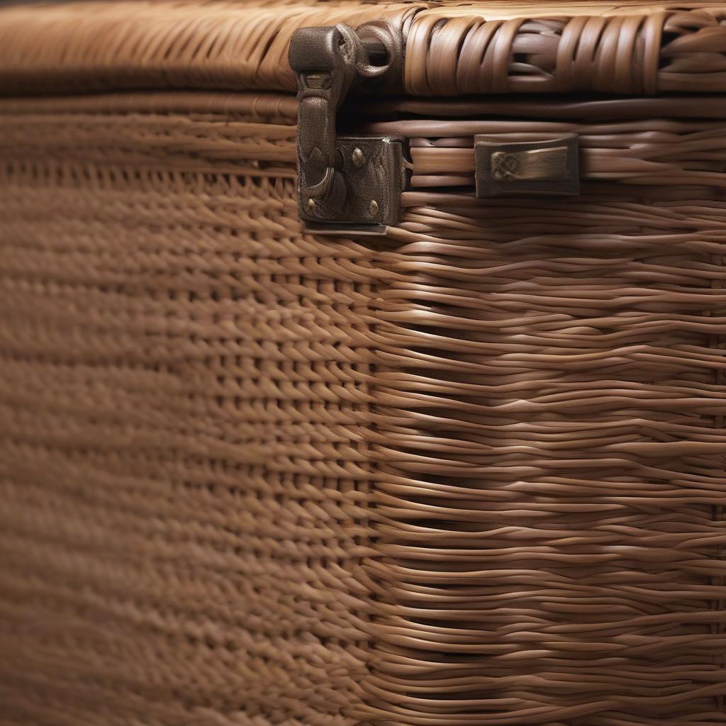 Close-up view of a wicker trunk, highlighting the weave and material