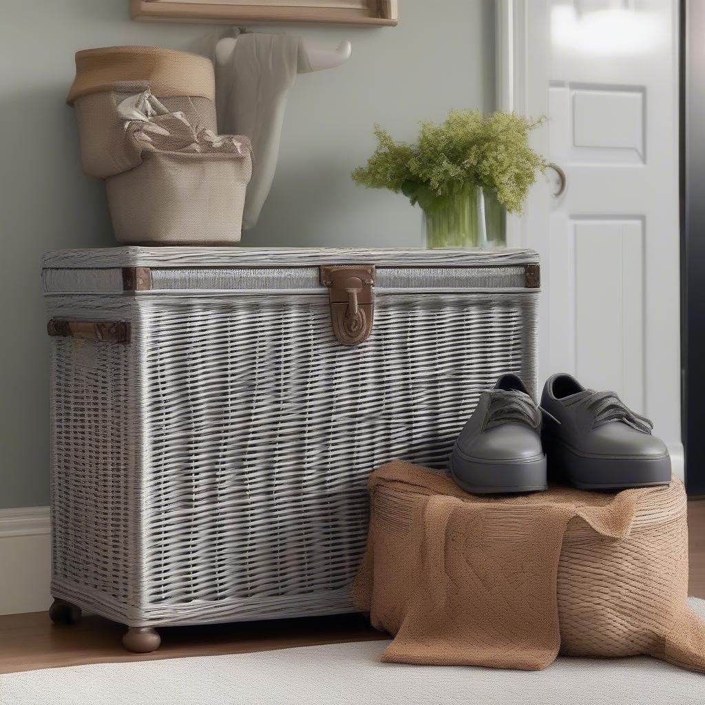 Wicker trunk used for organization in an entryway