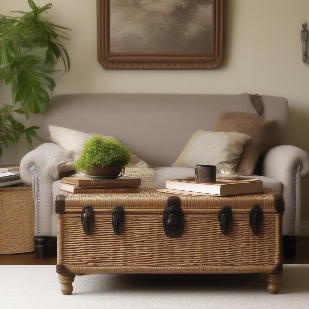 Wicker storage trunk used as a coffee table in a living room setting.